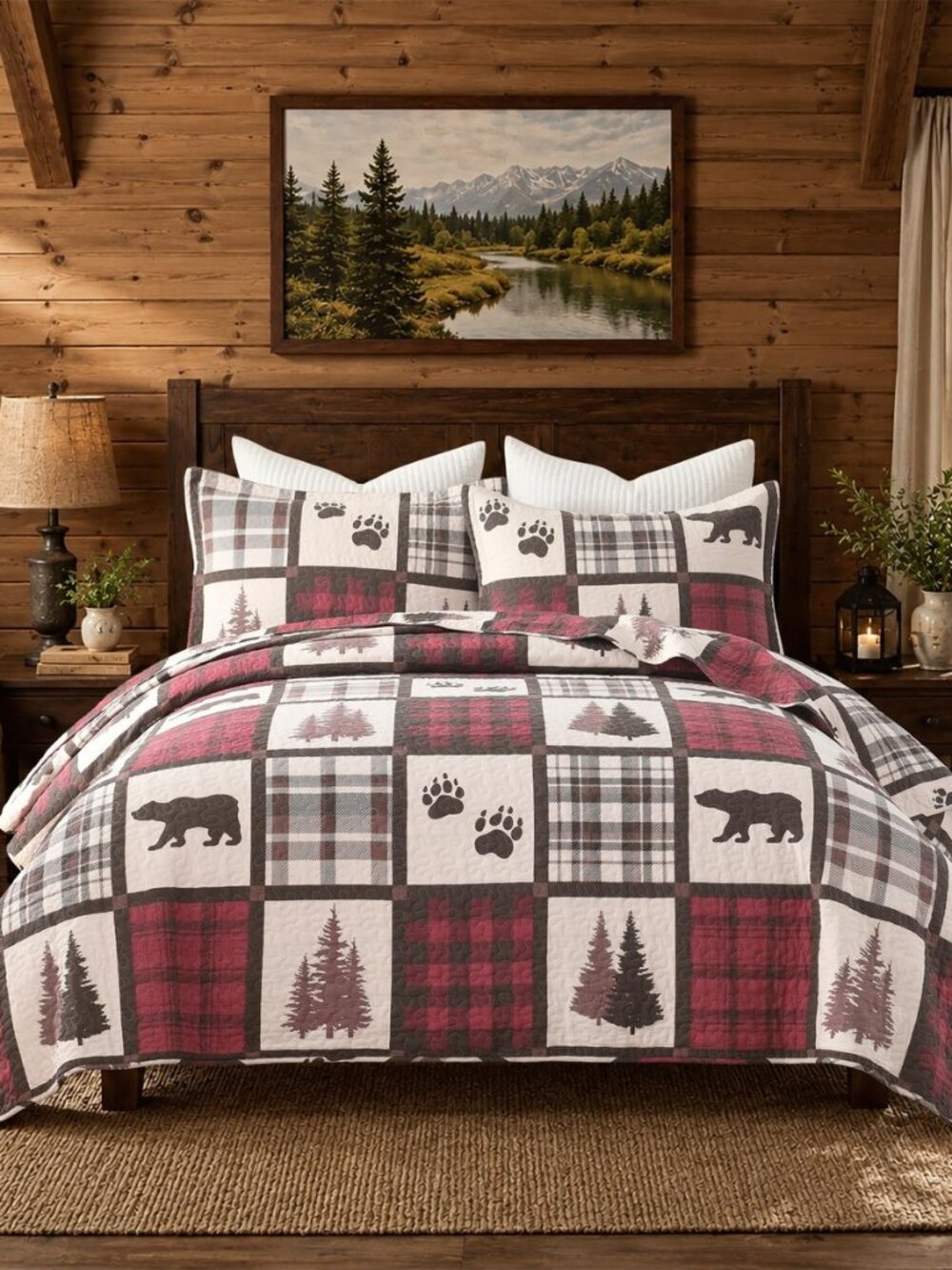 Rustic Cabin Queen Quilt Set Bear Patchwork Bedding Burgundy 3Pcs